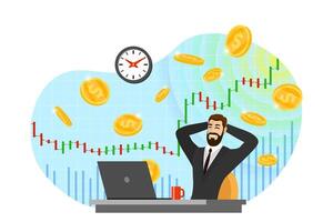 Happy businessman trader get money on backdrop of rising stock market index chart. Joy of growth income trading business man. Joyful person makes profit. Passive earning concept. Coin gain concept vector