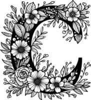 Letter C with flower pattern isolated silhouette black and white vector