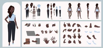 Business woman avatar creation suitable for animation. Generator, constructor of diverse views of face, body, hands and leg parts. Female character construction for comfortable fast motion design. vector