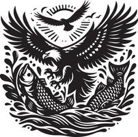 an eagle and fish in a woodcut style vector