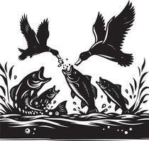 ducks and fish in the water with grass and water vector