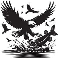an eagle and fish in the water with birds flying around vector