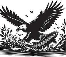 an eagle and fish in the water with leaves vector