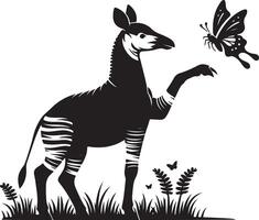 a zebra standing in the grass with a butterfly vector
