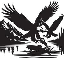 an eagle and fish are flying over a lake vector