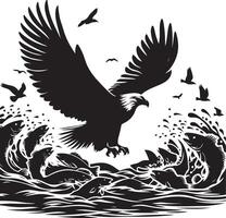 an eagle flying over a river with fish and birds vector