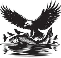 an eagle and fish in the water with birds flying around vector