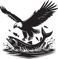 an eagle and fish in the water with a black and white background vector