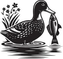 a black and white illustration of a duck with a fish vector