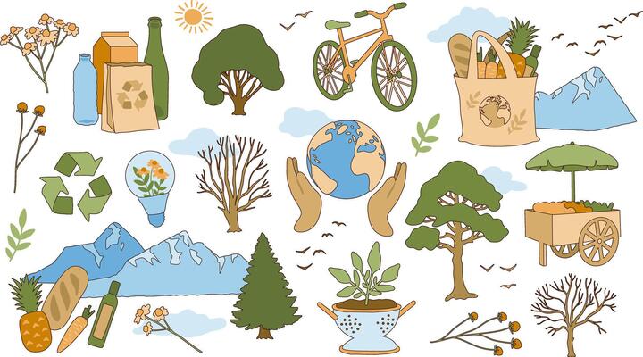 Color isolated sustainable cute sticker set. Earth, nature, recycle, trees. Eco illustration collection. Retro style elements with outline. Editable stroke.