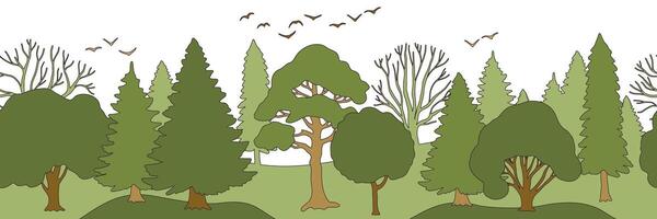 Forest landscape cute seamless border. Retro style outline illustration. Green trees with trunks and branches on white background. Wild summer nature scene on horizontal banner. Editable stroke. vector