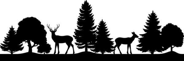 Deer, trees and spruce seamless border. Forest wildlife black silhouette illustration on white background. Wild nature graphic landscape. Horizontal banner with animals. Not merged, separate elements. vector
