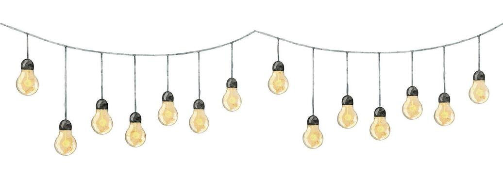 Watercolor illustration of String of Hanging Light Bulbs. Seamless Border with lamp garland for party decoration design. Illustration of electric festoon for celebration. Glowing bright strands Frame