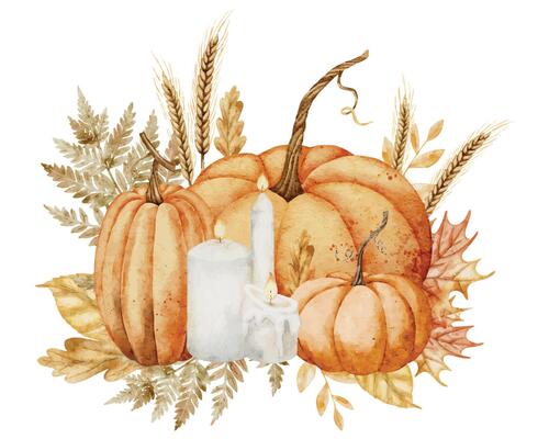 Watercolor illustration with Pumpkins and candles for harvest festival greeting cards or wedding invitations. Drawing of autumn leaves, fall plants and branches on isolated background