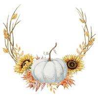 Autumn wreath with pumpkin, sunflowers and fall leaves. Watercolor illustration of circular Frame with maple branches and twigs for greeting card or invitation. Botanical template for harvest festival vector