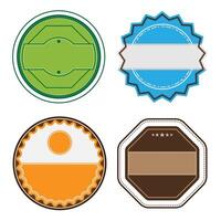 Four badge designs with various geometric shapes and colors on white background. vector