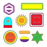 Label designs collection with various shapes and colors of hexagons, circles, rectangles, stars, and sunbursts on white background. Flat illustration design vector