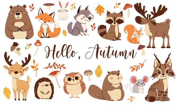 Set of flat illustrations. Forest animals, bear mouse hare elk deer hedgehog fox squirrel raccoon beaver lynx owl mushrooms, fall leaves. Lettering Hello, autumn