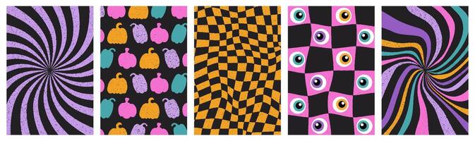 Halloween groovy poster set. Psychedelic distorted pattern collection for banner, greeting card, party. Pumpkins, eye character. Trendy retro illustration with grunge grain vintage texture vector