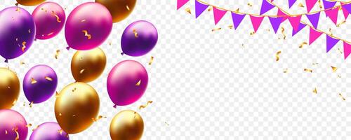 balloons, triangle pennants chain and confetti horizontal template background decor surprise party, birthday, invitation greeting card vector