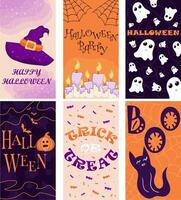 set of halloween backgrounds, for web, for stories Instagram and social media, for invitations, for print, for card, for kids, illustration, six backgraunds, trick or treat, orange and violet vector