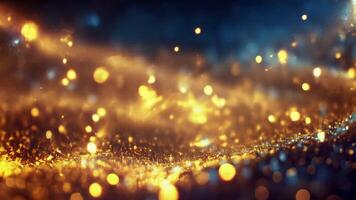 Blurred abstract dark blue background with gold flying shiny particles video