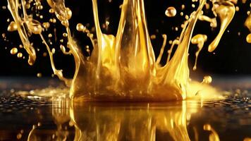 Golden blob with flying splashes and drops on a dark background video