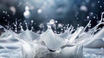White milky blob with flying splashes on a dark blue background. video