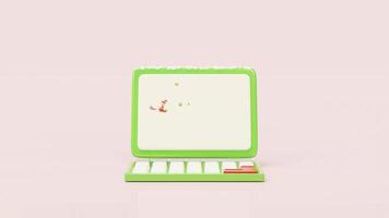 3d laptop computer with santa claus, reindeer, sleigh, christmas tree, rocking deer, balloon isolated on pink background. merry christmas and happy new year, 3d render illustration video