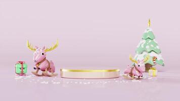3d podium empty with rocking deer, gift box, christmas tree isolated on purple background. merry christmas and happy new year, 3d render illustration video