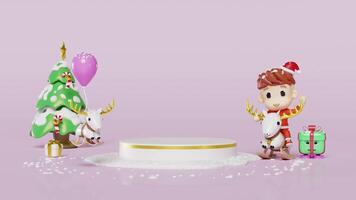 3d podium empty with santa claus riding a rocking deer, gift box, christmas tree isolated on purple background. merry christmas and happy new year, 3d render illustration video