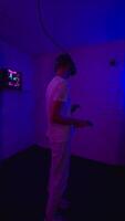 The player plays the game using virtual reality. Neon style. video
