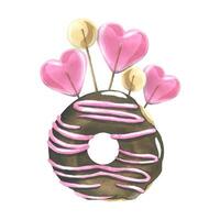 Round donut in chocolate glaze with caramel lollipops. Watercolor illustration. A composition from a large set of SWEETS. For the design and decoration of stickers, menus, packaging, prints. vector