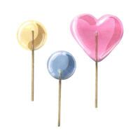 Lollipops on sticks are heart-shaped and round. Watercolor illustration. Isolated objects from a large set of SWEETS. For decoration, design, compositions. Greeting cards, posters, children s prints vector