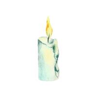 Wax candle white, beige, blue tall with wax drips and burning flame orange and yellow. Watercolor illustration hand-drawn. Separate object isolated from the background. vector