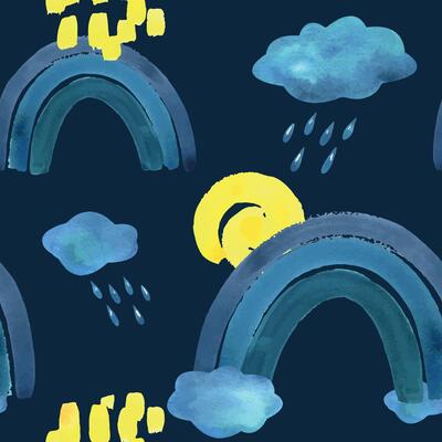 Blue, turquoise rainbow, clouds with raindrops and yellow spiral sun. Watercolor illustration hand drawn in children s style for posters, cards, stickers. Seamless pattern on a dark background