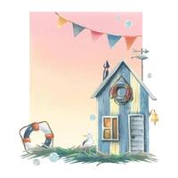 A wooden, striped booth for a fisherman on the grass with a rescue circle, a seagull, a garland of flags. Watercolor illustration drawn by hand. Template, a frame with a pink background isolated. vector