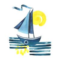Sailing blue boat with a ribbon floating on the water with a yellow sun. Watercolor illustration hand drawn in a simple abstract childish style. Isolated composition on a white background. vector