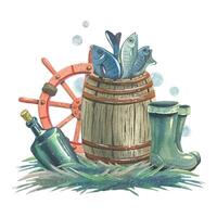 A wooden barrel with fish, with rubber boots, a steering wheel and a bottle of grass with water bubbles. Watercolor illustration drawn by hand. The composition is isolated from the background vector