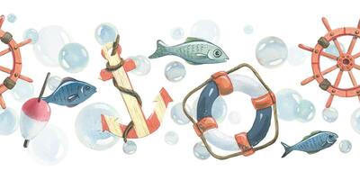 Anchor, ship s wheel, lifebuoy, fishing float with fish and bubbles. Watercolor hand-drawn illustration. Seamless border, pattern, endlessly repeating ornament, is isolated from the background vector