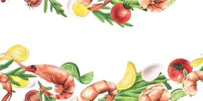 Boiled shrimp with lemon, tomatoes, eggs and arugula levitating. Watercolor illustration. Seamless banner from the SHRIMP collection. For the design and design of menus, recipes, packaging, cafes. vector