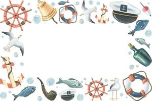 Steering wheel, lifebuoy, sea gulls, captain s cap, fish, water bubbles, anchor, bottle, tobacco pipe, ship s bell. Hand-drawn watercolor illustration. Rectangular frame with empty space for text vector