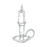 Candlestick with handle with burning candle with wax drips, antique, retro, vintage. Line art is a simple hand-drawn illustration in black and white ink. Isolated EPS object. vector