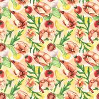 Various boiled shrimp with arugula, lemon, lime, cherry tomatoes, eggs. Watercolor illustration. Seamless pattern on a white background from the Shrimp collection. For the design and design vector