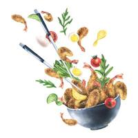 Breaded shrimp, tempura in a ceramic bowl with arugula, cherry tomatoes, quail eggs, lime and lemon. Watercolor illustration. Levitation composition from the collection of SHRIMP. For menus. vector