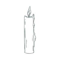 Wax candle tall with wax drips and burning flame. Line art is a simple hand-drawn illustration in black and white ink. Isolated EPS object. vector