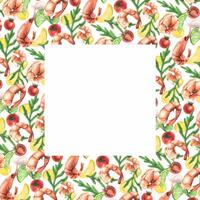 Square frame empty template with white background for text, information with shrimp, greens, vegetables and eggs. Watercolor illustration hand drawn. For menus, recipes, cooking vector