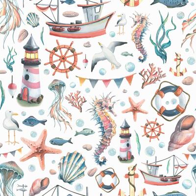 Marine, seamless pattern with a lighthouse, seahorse, jellyfish, shells, anchor, boat on a white background. Watercolor illustration from a large set of SEA FISHING. For fabric, textiles, wallpaper