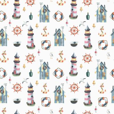 Lighthouse with a fishing lodge, steering wheel, anchor and seagulls. Watercolor illustration. Seamless pattern on a white background in a nautical theme. For fabric, textiles, wallpaper.