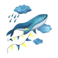 Turquoise whale in the clouds with a garland of flags among the clouds with raindrops. Watercolor illustration hand drawn in a simple childish style. Isolated composition on a white background. vector